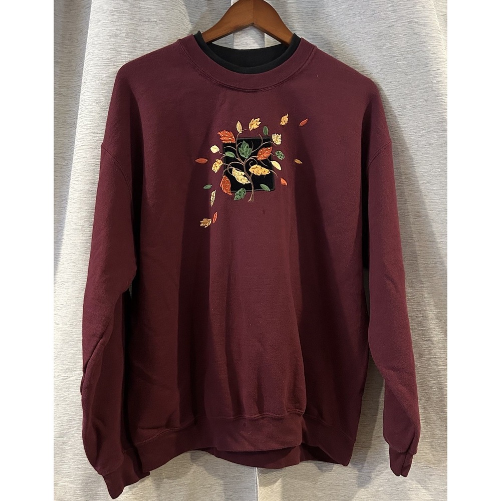 Vintage Fall Embroidered Knit Sweatshirt Red Size Large
